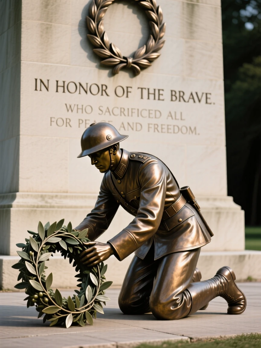 A soldier laying a wreath at an ancient war memorial, with hands outstretched in a gesture of hope, forming a strong central focal point