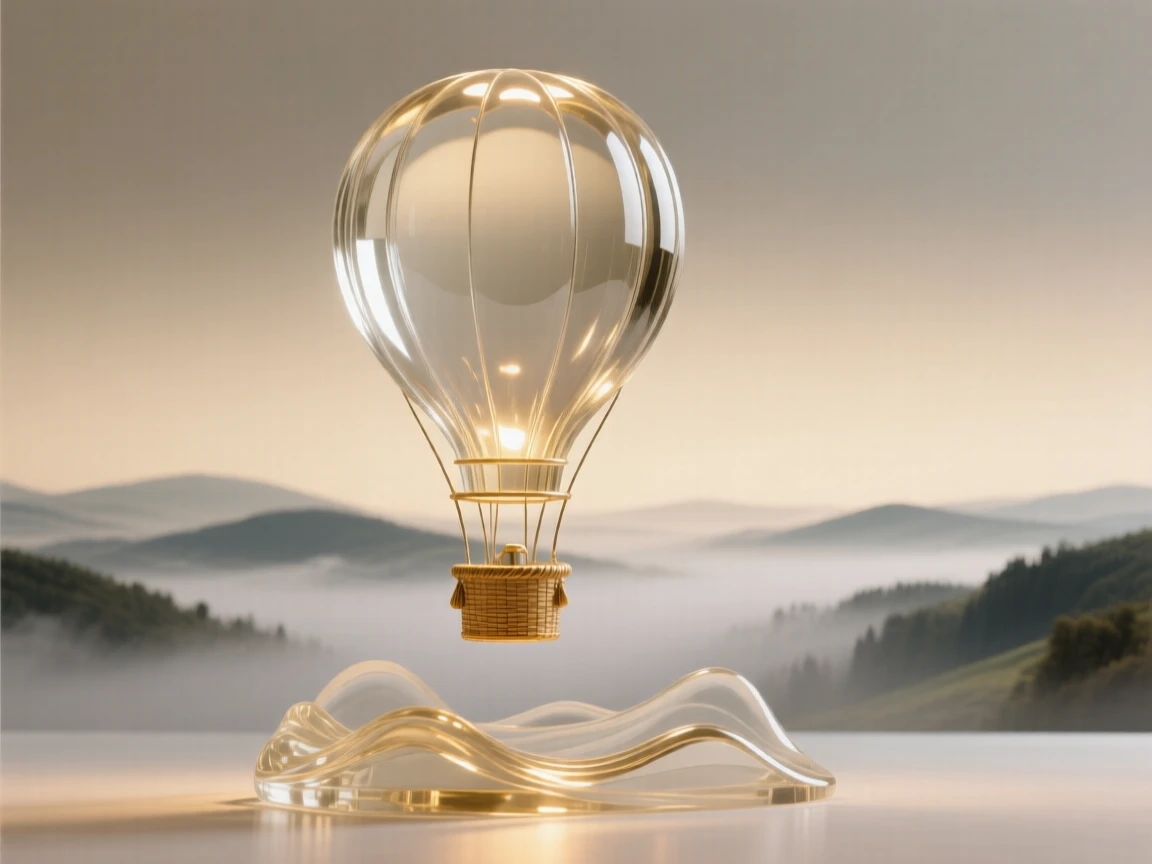 A hot air balloon floating over a foggy valley, captured in soft golden light with layers of atmospheric depth, evoking peace and quiet grandeur.