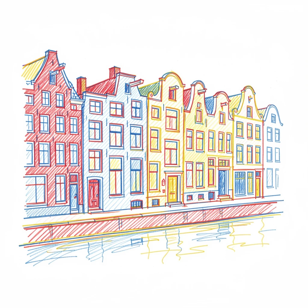 A row of narrow, colorful townhouses along a European canal