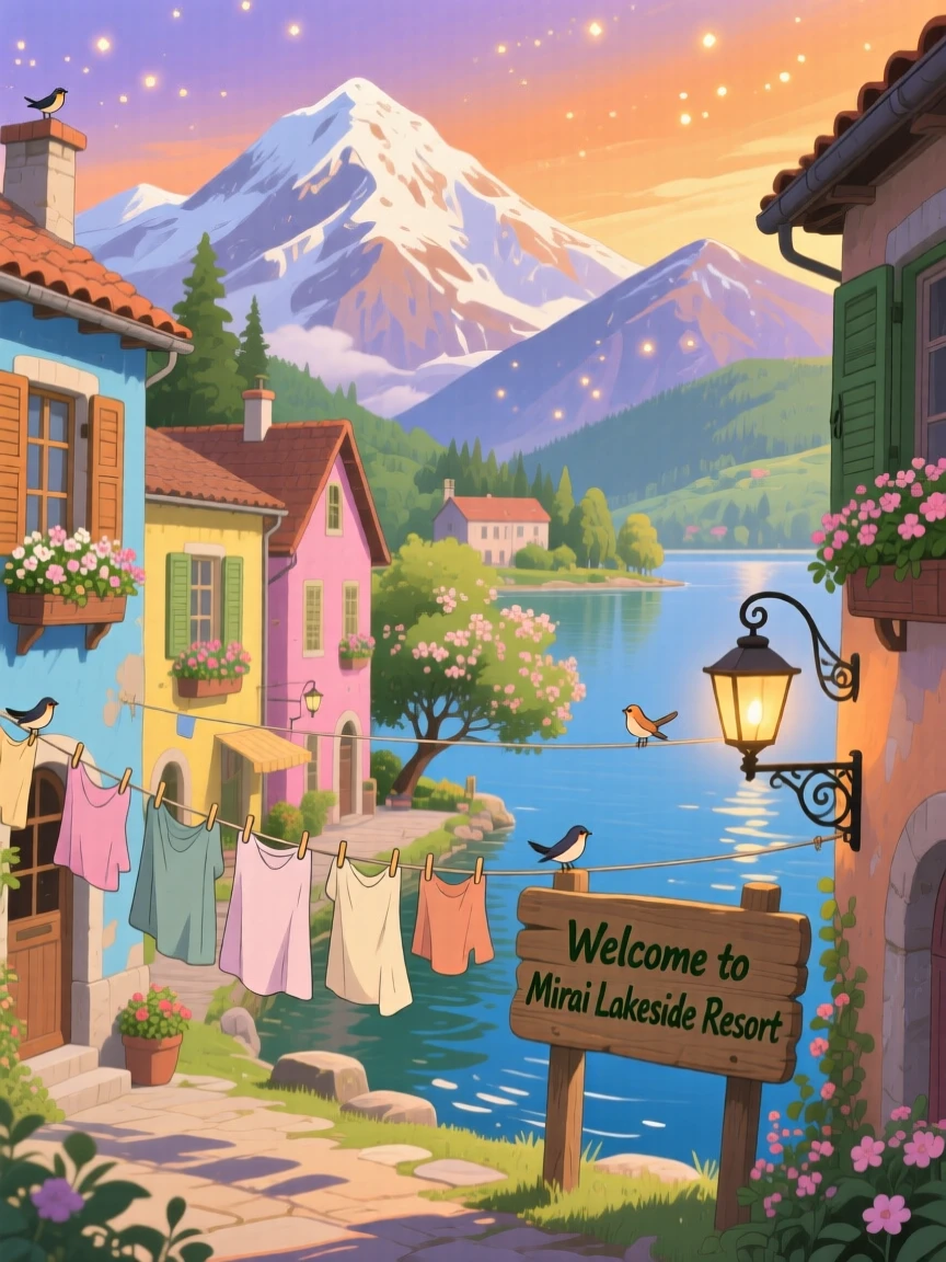 A scenic view of a lakeside resort town backed by snow-capped peaks, with laundry strung between colorful buildings.