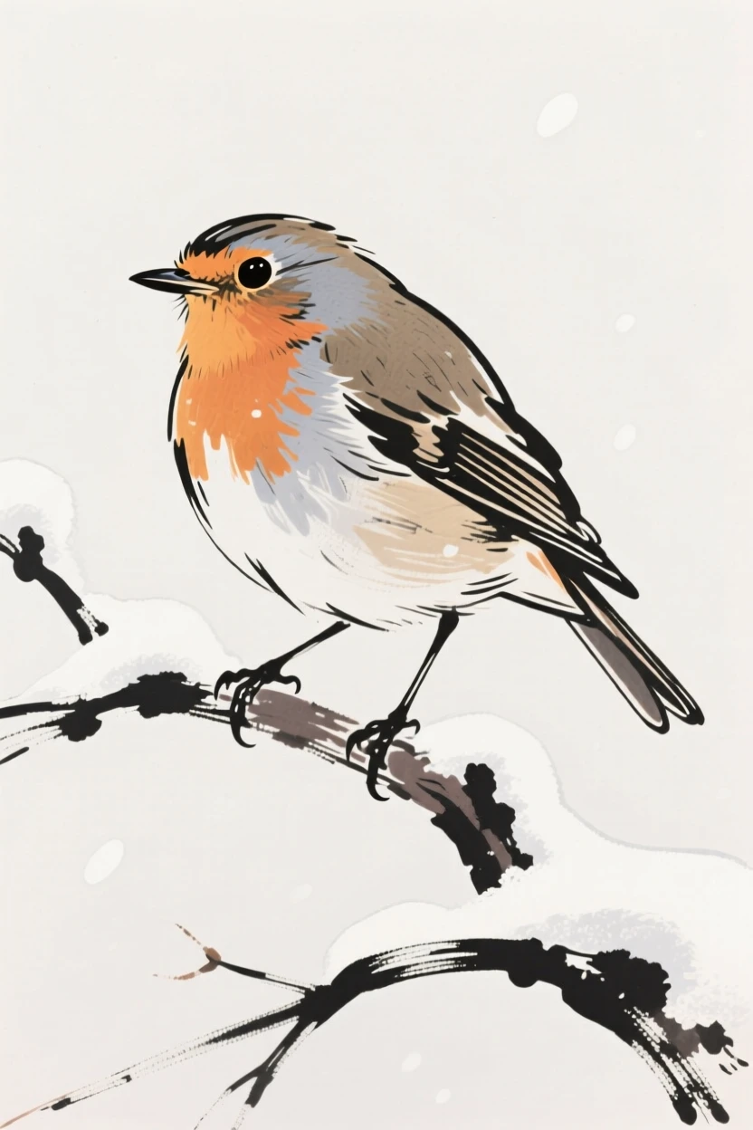 A robin perched on a snow-dusted branch in early winter.