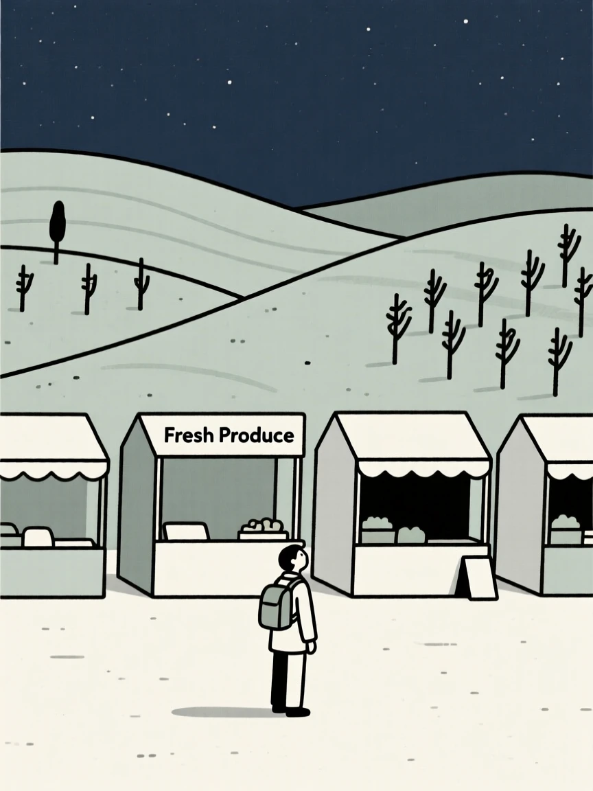 A traveler standing before a bustling night market in a countryside dotted with vineyards, with a scattering of market stalls nearby, feeling wanderlust.