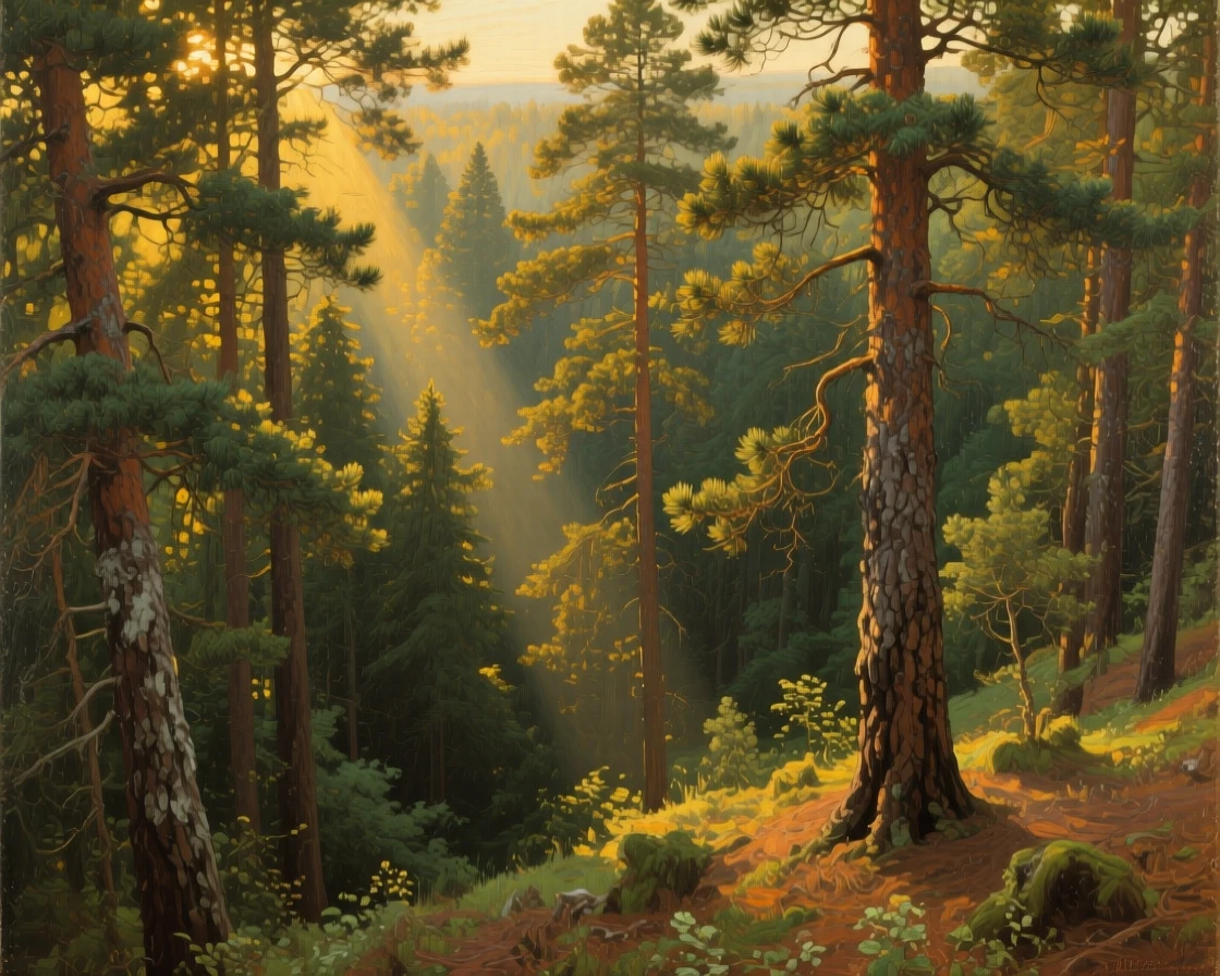 A high overhead view of a dense pine forest with shafts of light breaking through the canopy, in medieval times, in bright warm sunshine.