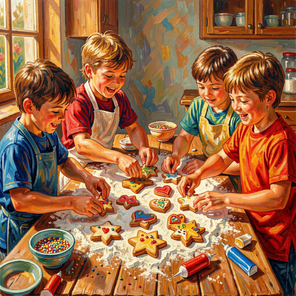 A group of children decorating cookies together at a kitchen table dusted with flour.