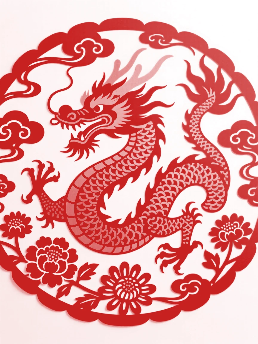 A coiling golden dragon, arranged within a circular medallion, symbolizing wealth and enduring good fortune.