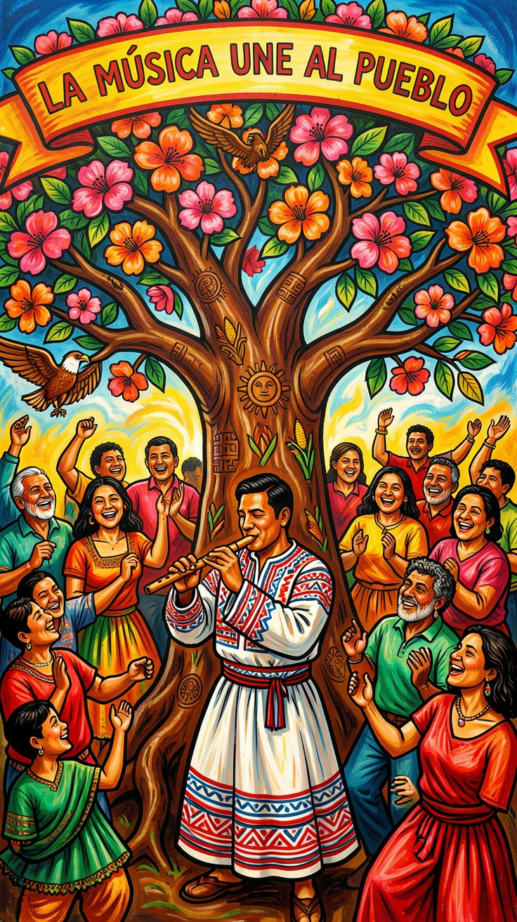A flutist playing beneath a blossoming tree