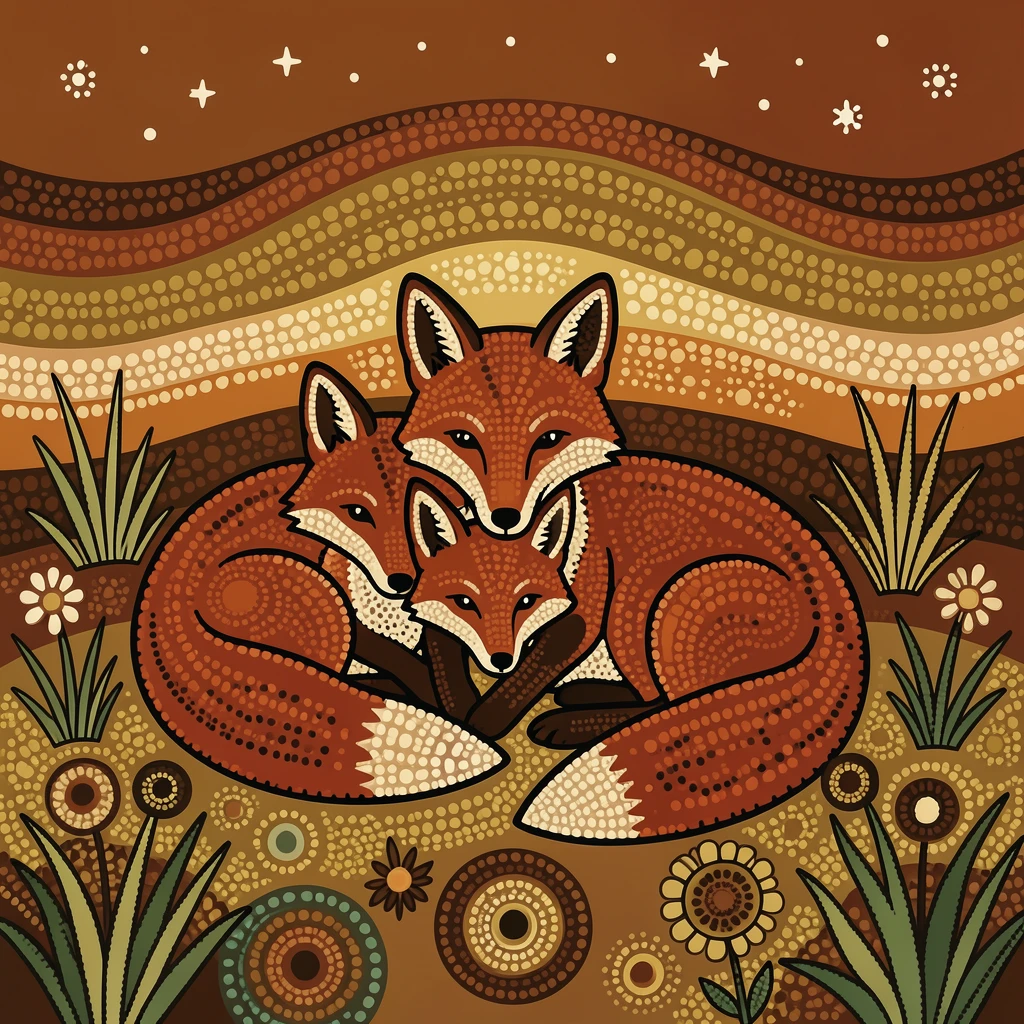 A red fox family gathered at sunset
