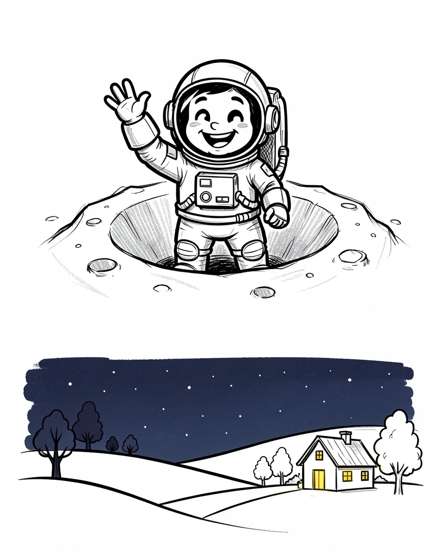 A friendly astronaut waving from a moon crater above a quiet countryside at midnight.