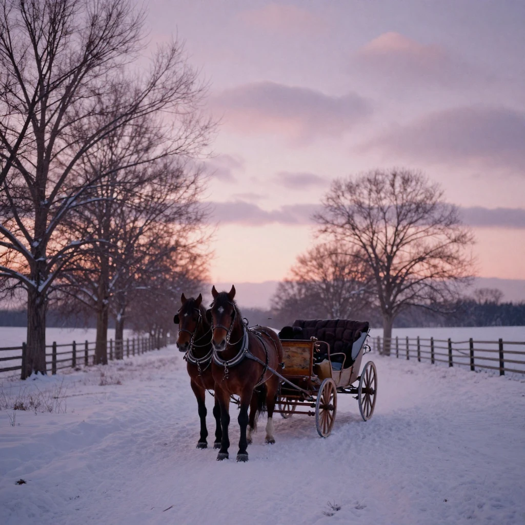 A horse-drawn sleigh gliding across a snow-covered field, in the last light of dusk, under scattered clouds, in winter, in dusty lavender and rose tones, framed symmetrically down a long corridor.
