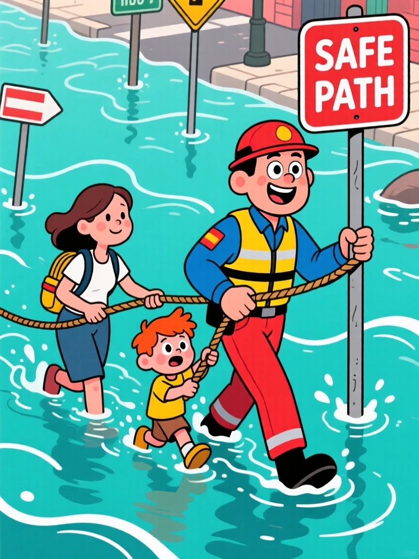 A rescue worker guiding a family safely through floodwaters.