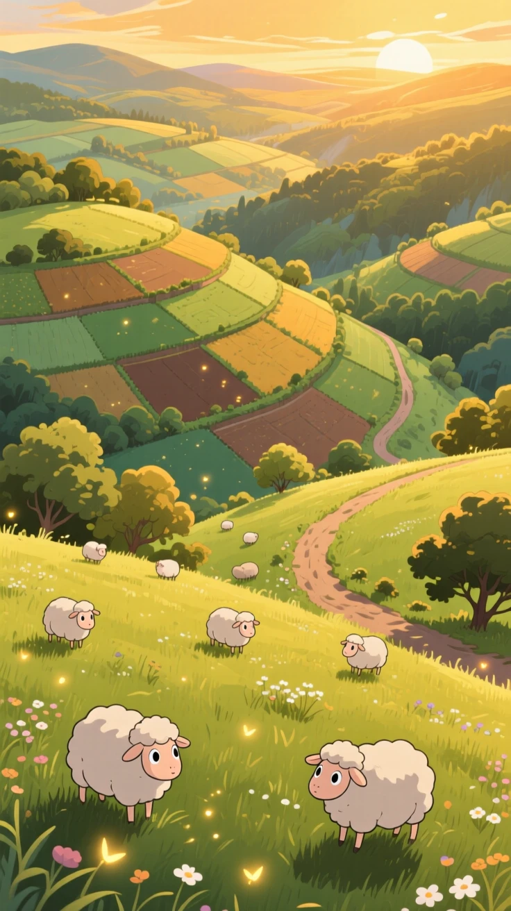 A breathtaking view of a meadow dotted with grazing sheep, with gentle terraces stepping down toward a valley floor, at golden hour, shown from directly above like a patchwork quilt.