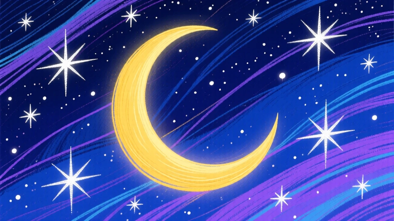 A crescent moon rising behind a starry night sky.