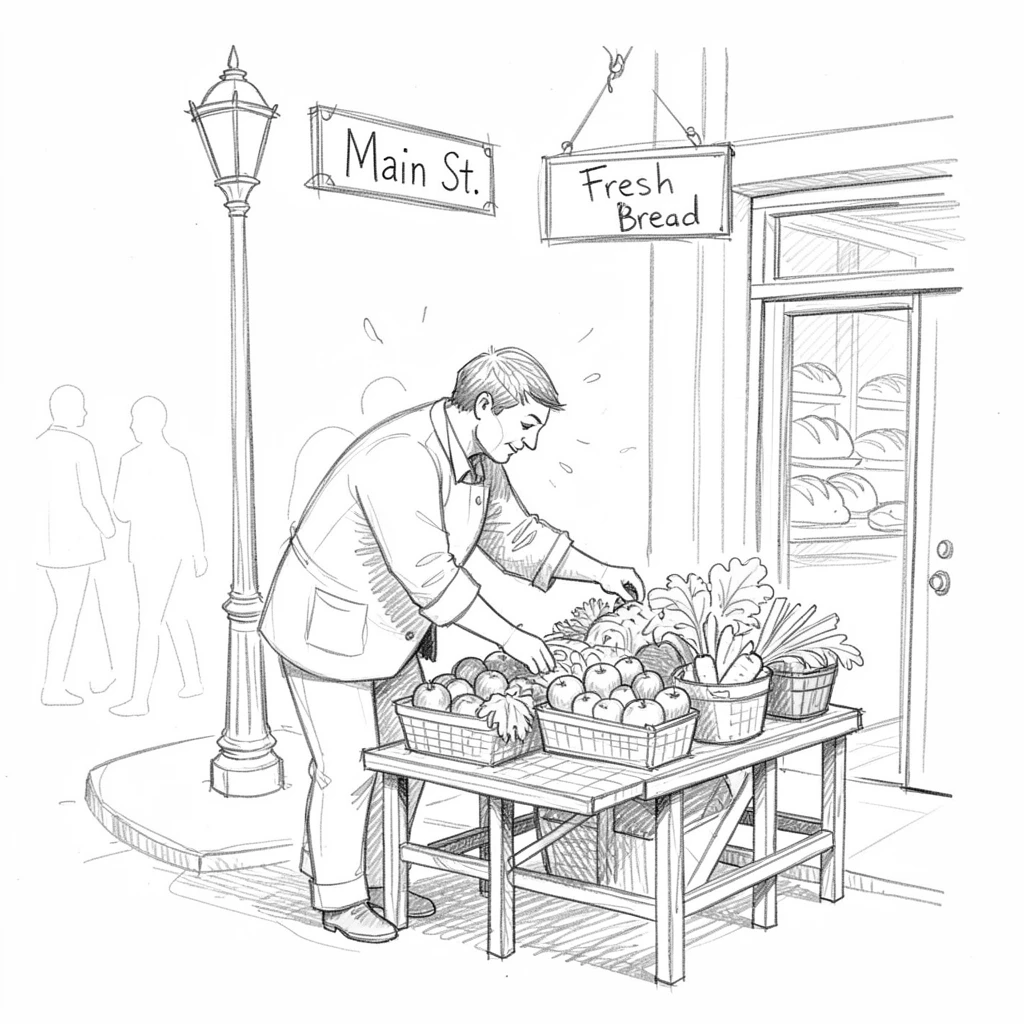 A street vendor arranging fresh produce, on a bustling downtown corner, with the scent of fresh bread lingering in the air.