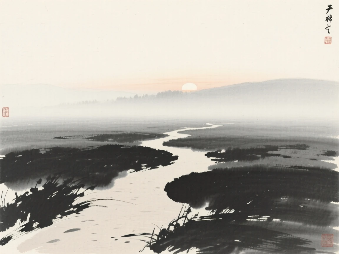 A quiet path disappearing into distant fog in the hush of early dawn, framed with soft, diffused light throughout, carrying a hushed, contemplative silence.