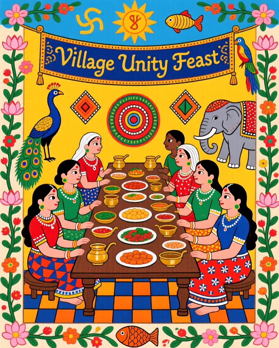 Neighbors gathering to share a meal during a village celebration.