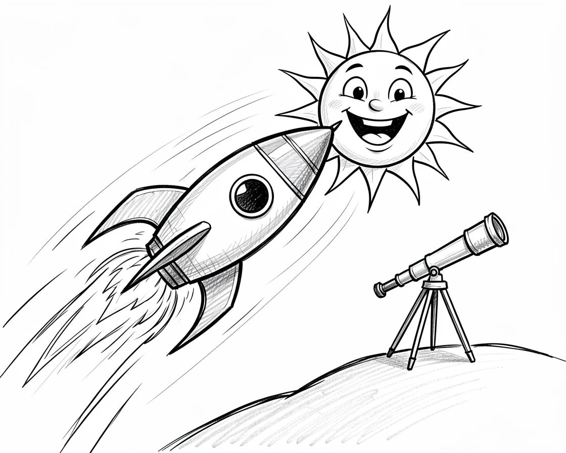 A cartoon rocket zooming past a smiling sun beside a telescope on a hilltop.