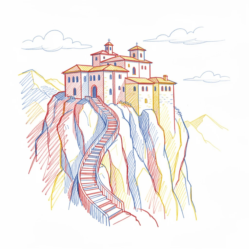 A cliffside monastery accessible only by a long winding staircase