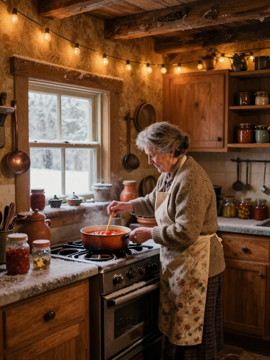 A grandmother stirring a pot of sauce in a rustic kitchen, under strings of warm string lights, with frost coating every surface, in the depths of winter, dominated by warm amber and rust tones, viewed from across the room.