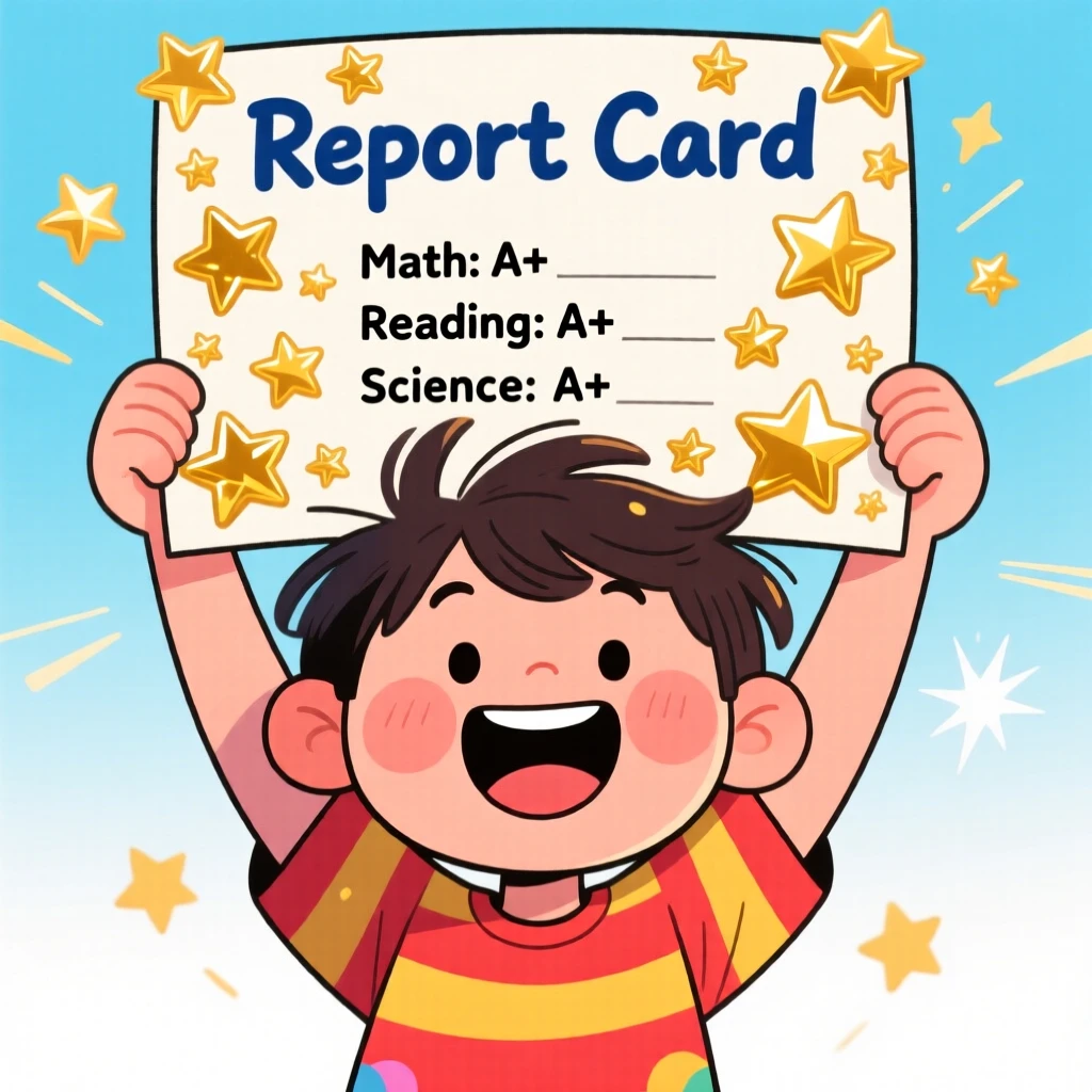 A child proudly showing a report card covered in gold stars.