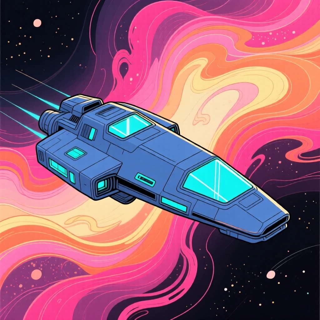 A spacecraft drifting past a colorful nebula.