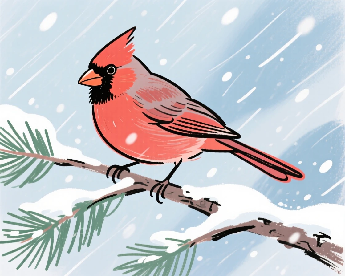 A cardinal perched on a snowy pine branch during a winter storm.