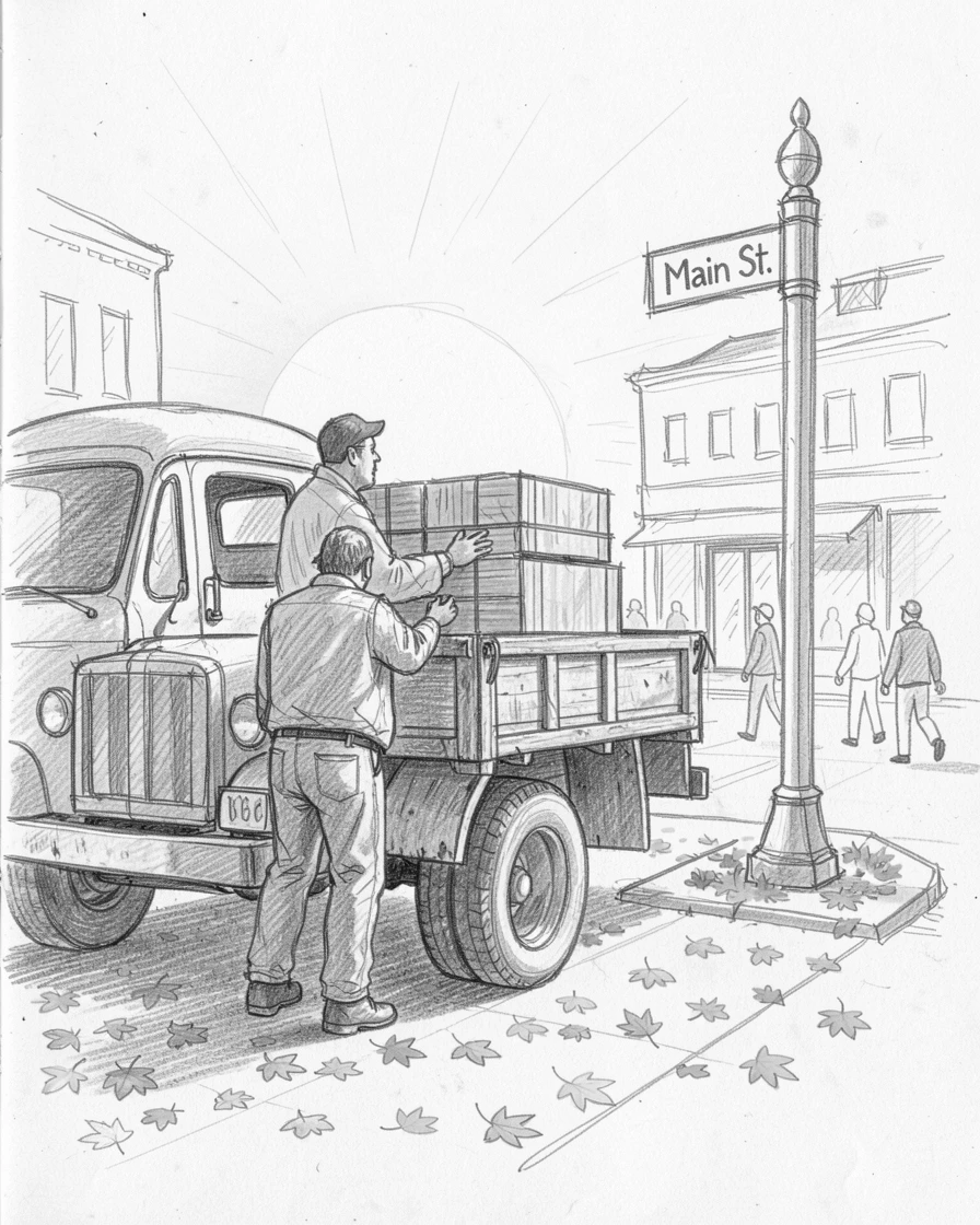 A warm everyday moment: a farmer loading a truck at sunrise on a bustling downtown corner, with autumn leaves scattered underfoot.