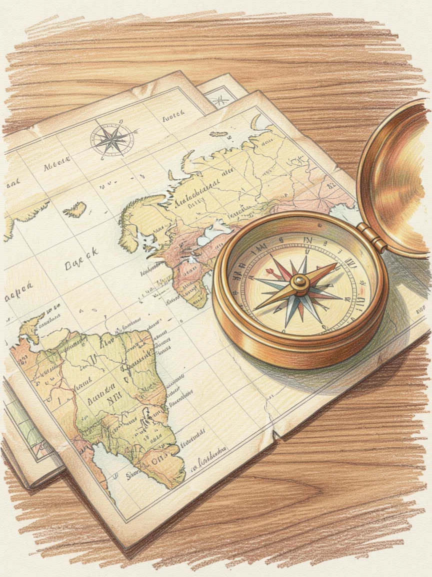 A collection of old maps and a brass compass on a wooden desk, arranged thoughtfully with soft, natural lighting, capturing the beauty of everyday treasures.