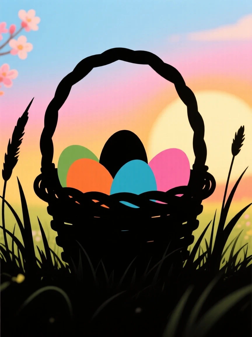 A basket of colorful eggs nestled in spring grass at sunrise.