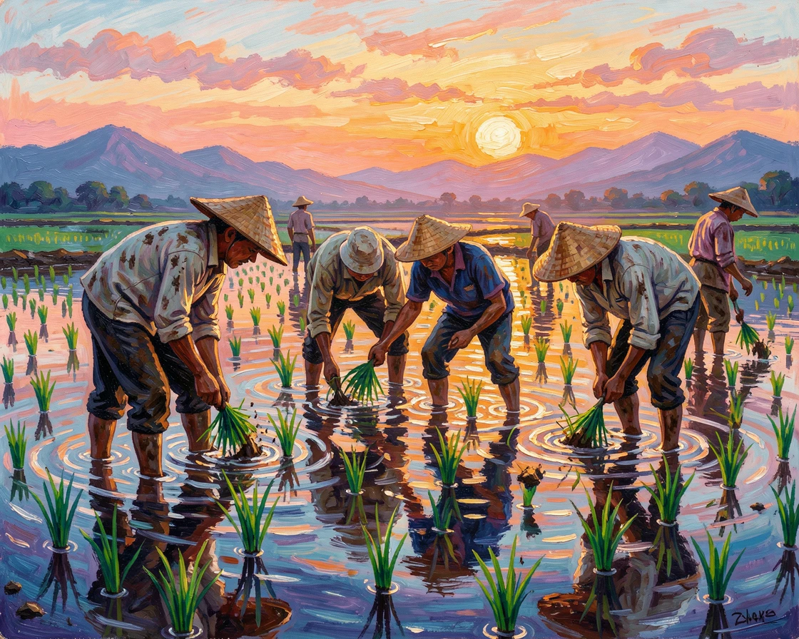 A group of farmers planting rice seedlings in flooded paddies at daybreak.