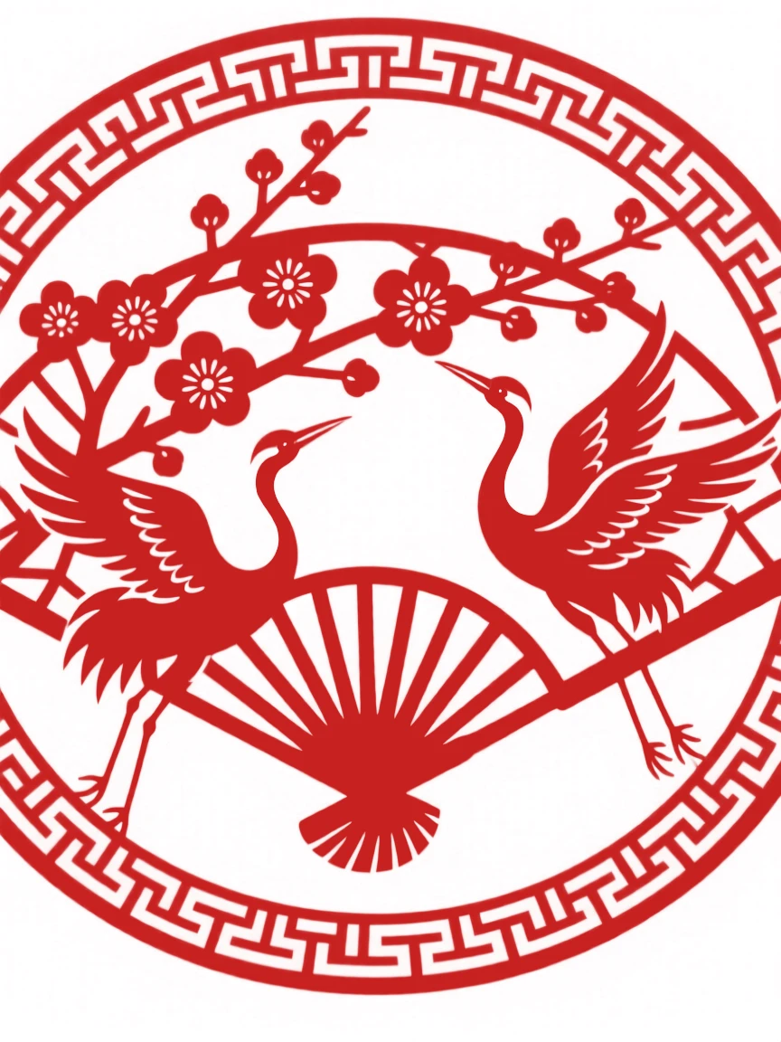 A design of a fan-shaped composition featuring a lattice of plum blossoms and cranes, bordered by a fine repeating key-fret pattern.
