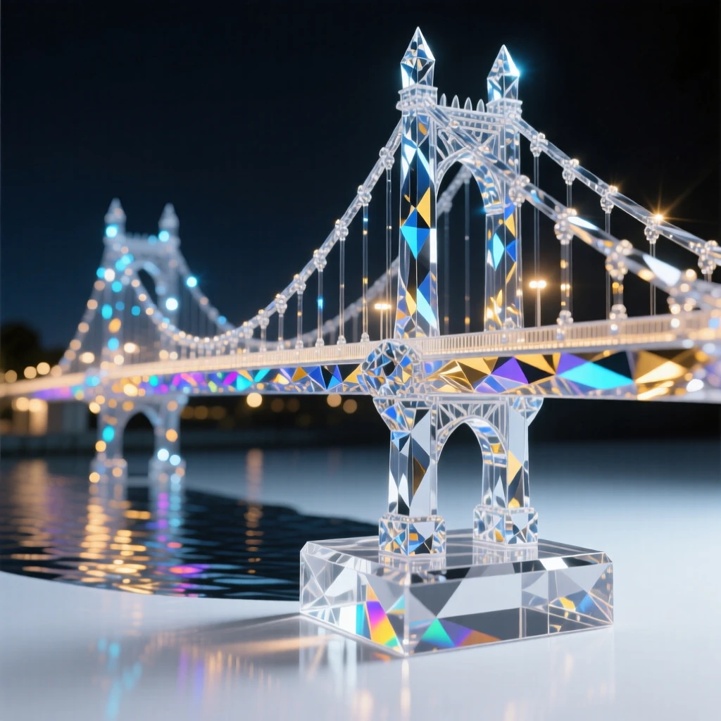 A dramatic modern bridge illuminated at night, reflecting in the river below.