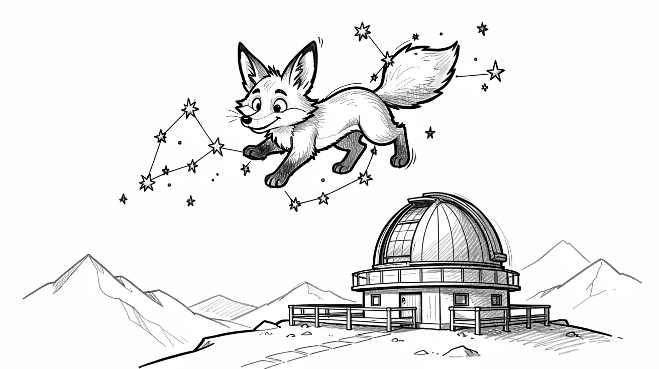 A constellation shaped like a friendly animal above a quiet mountain observatory.