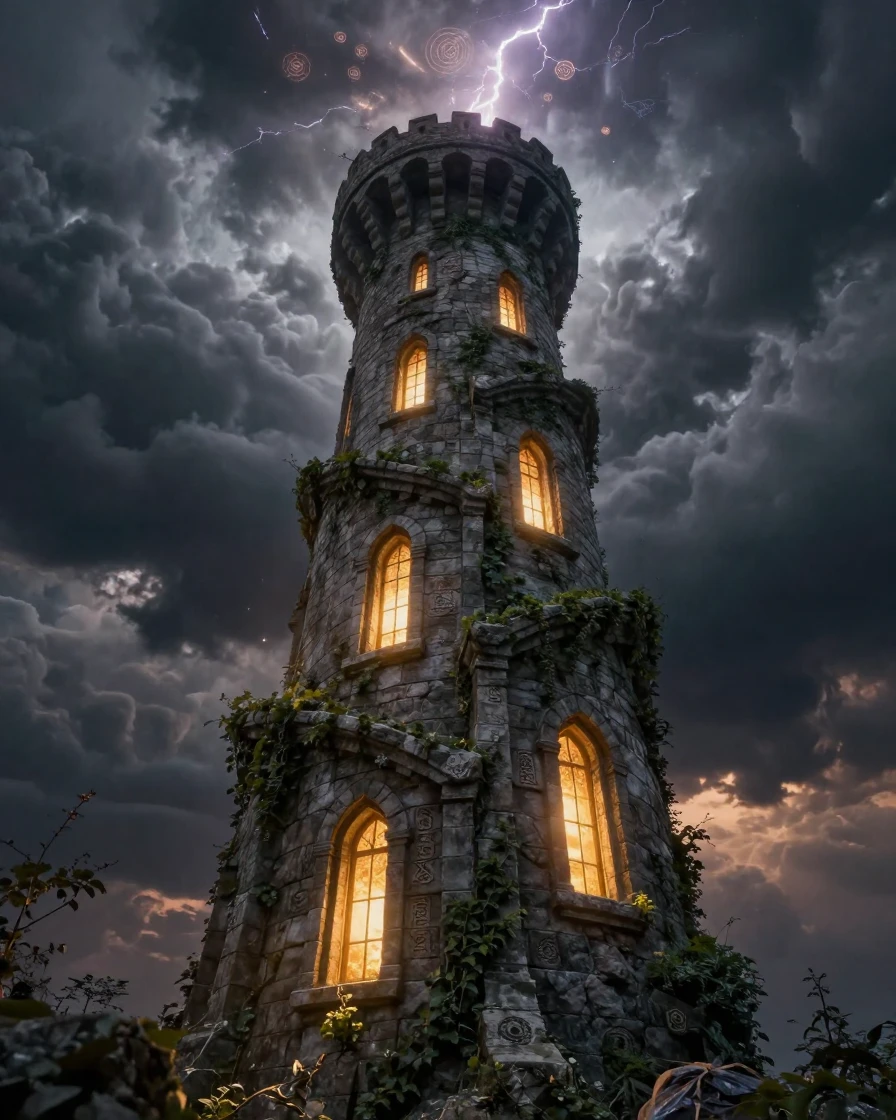 A wizard's tower spiraling into storm clouds, windows glowing with magical light
