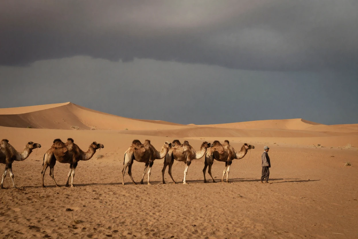 A nomadic herder guiding a line of camels across dunes, in warm morning light, under a darkening storm sky, during the long days of summer, in earthy terracotta and ochre shades, captured from a low angle looking up.