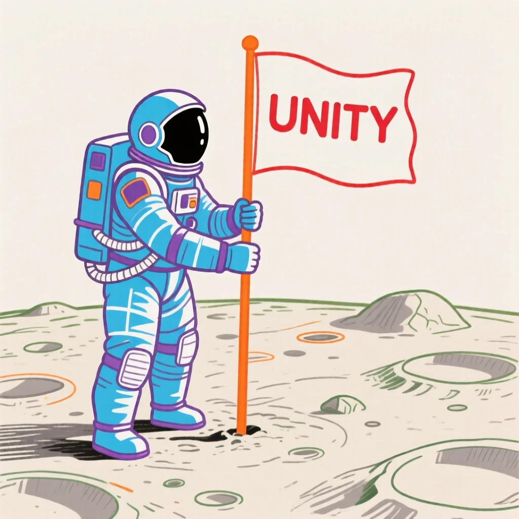 An astronaut planting a flag on a cratered moon surface.