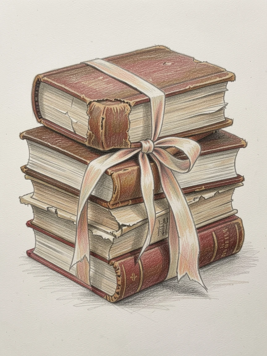 A stack of well-worn classic novels tied with a ribbon, with a nostalgic, well-loved quality, evoking nostalgia, charm, and quiet elegance.