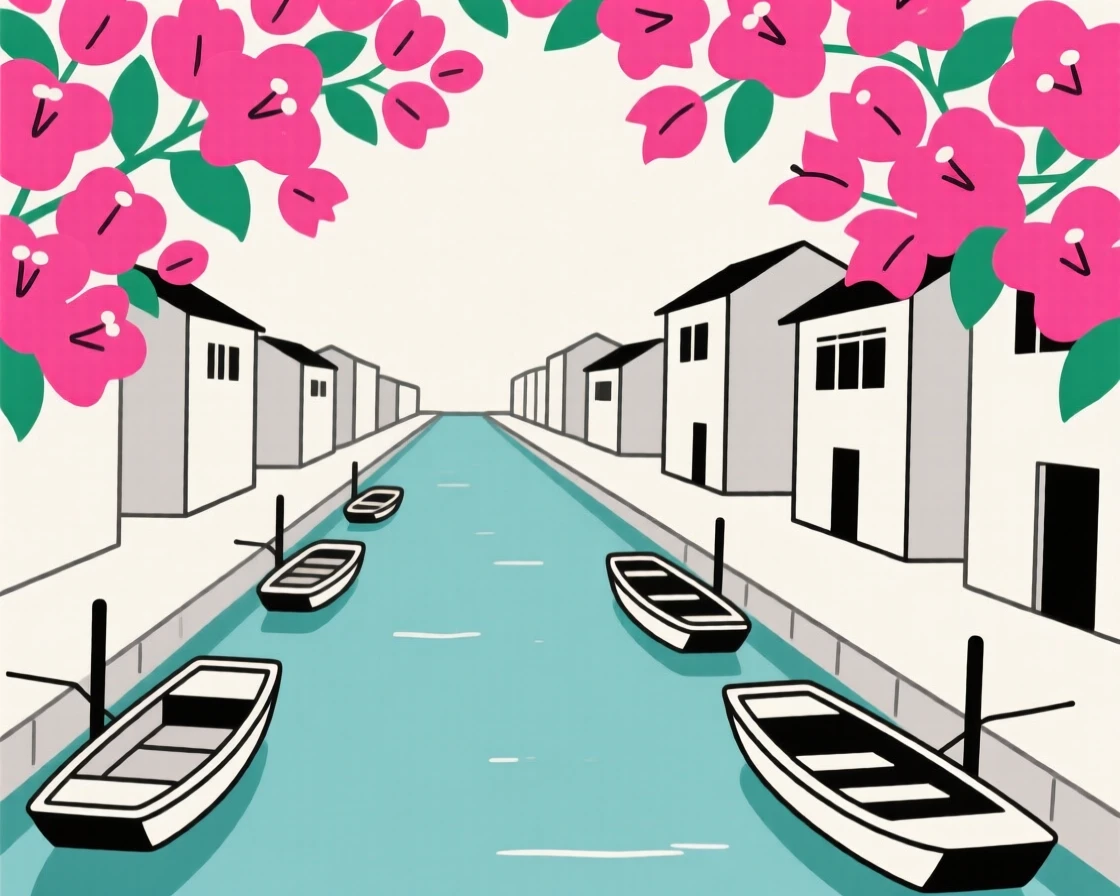 A view of a canal lined with boats at a vibrant Asian city street, framed by blooming bougainvillea, capturing timeless nostalgia.