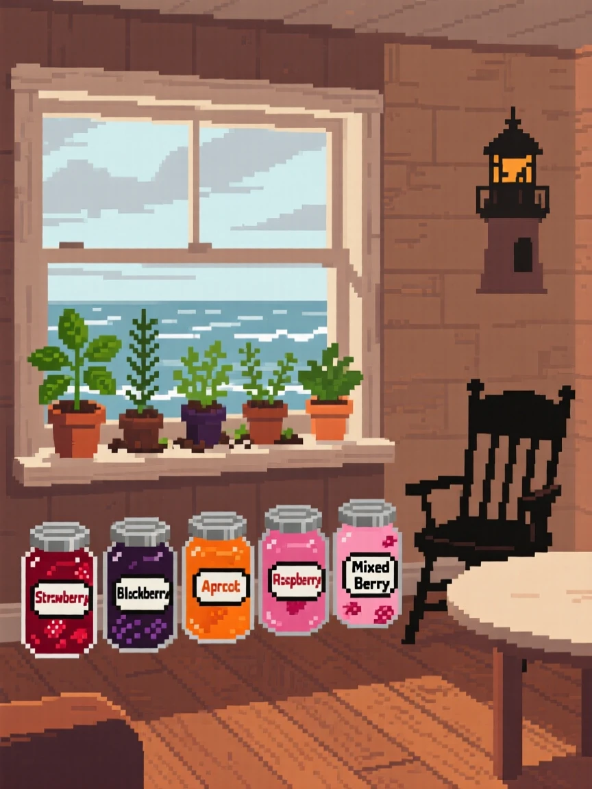 A windowsill herb garden lined with jars of homemade jam, within a lighthouse keeper's living room.
