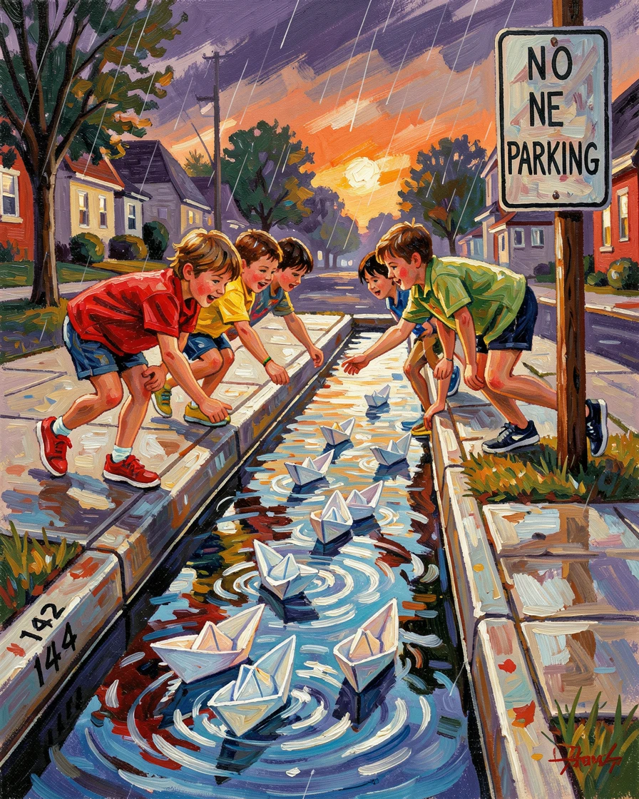 Children racing paper boats along a gutter stream after an afternoon rainstorm.