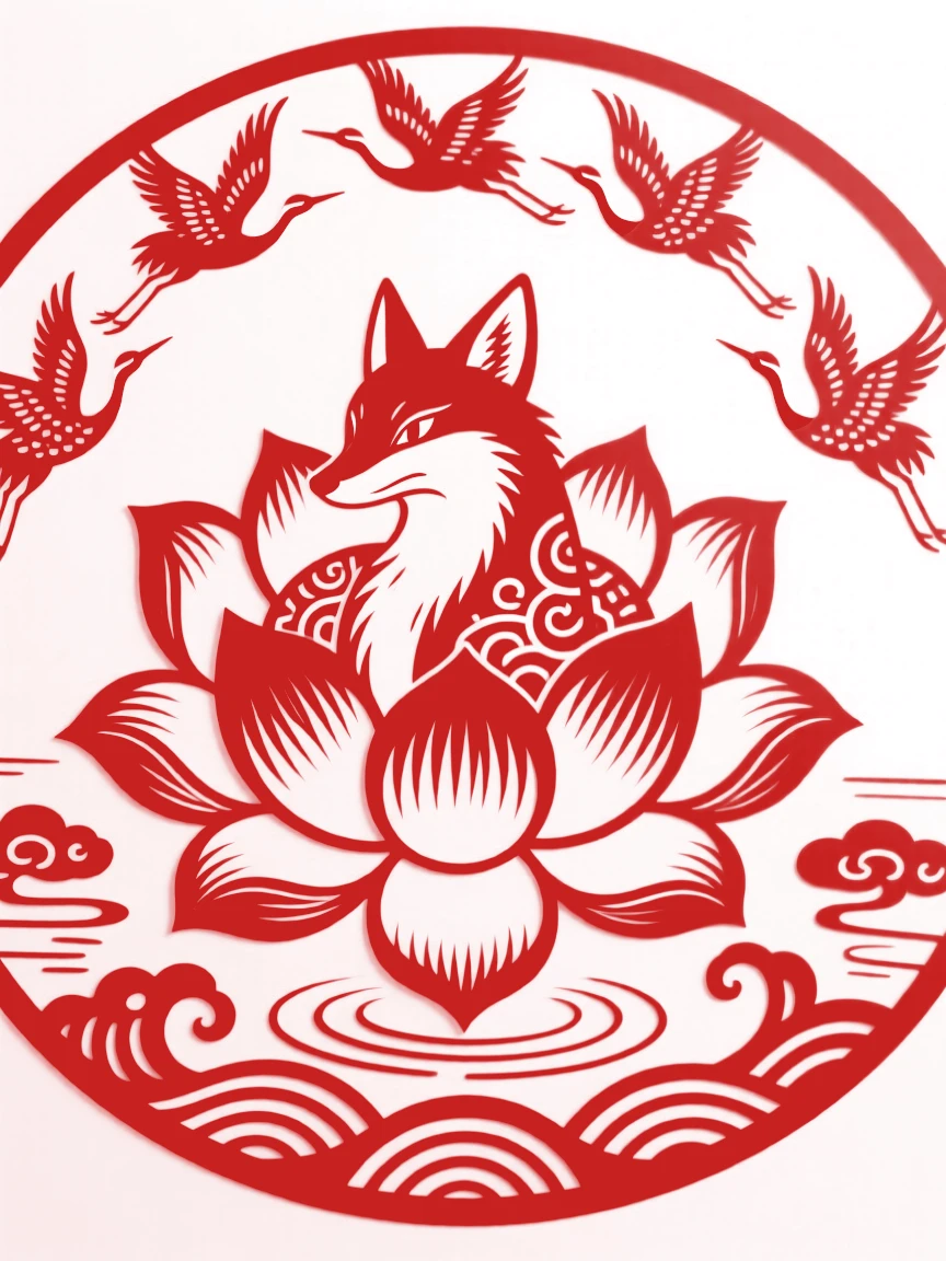 A fox spirit, emerging from a lotus blossom in a sacred pond, as a flock of cranes circles overhead in reverence.