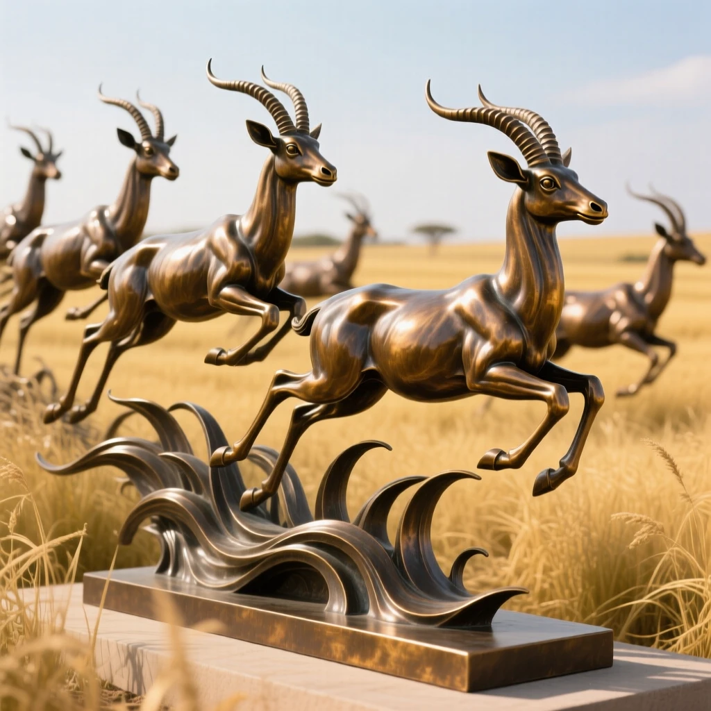A herd of antelope leaping across golden grasslands, bathed in warm, natural light, evoking wonder and majesty