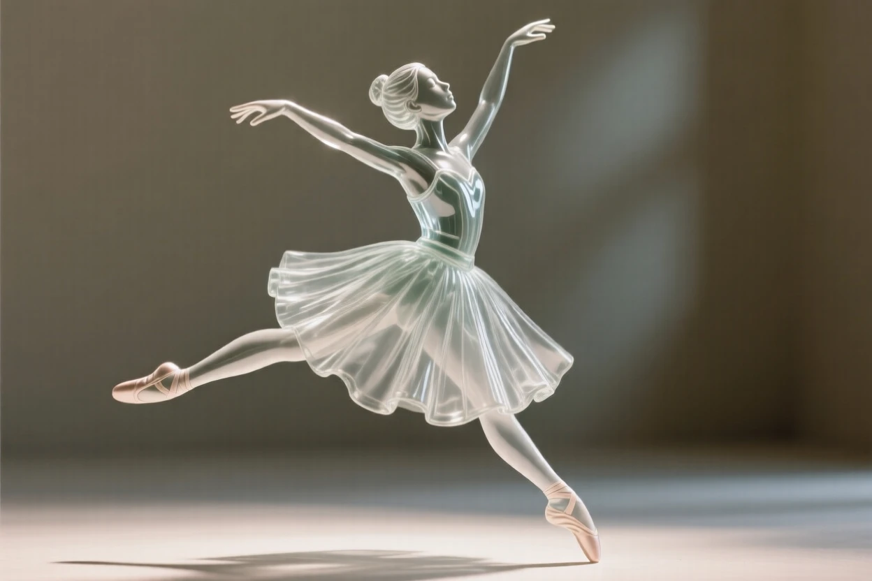 A young ballerina mid-leap set against a simple blurred background, dramatic side lighting carving out the features, mood tender and heartfelt.