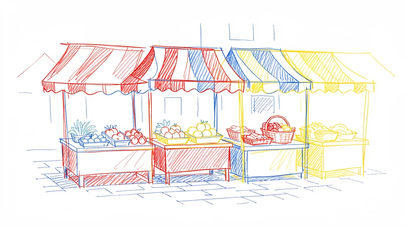 A traditional market square filled with striped awnings and fresh produce
