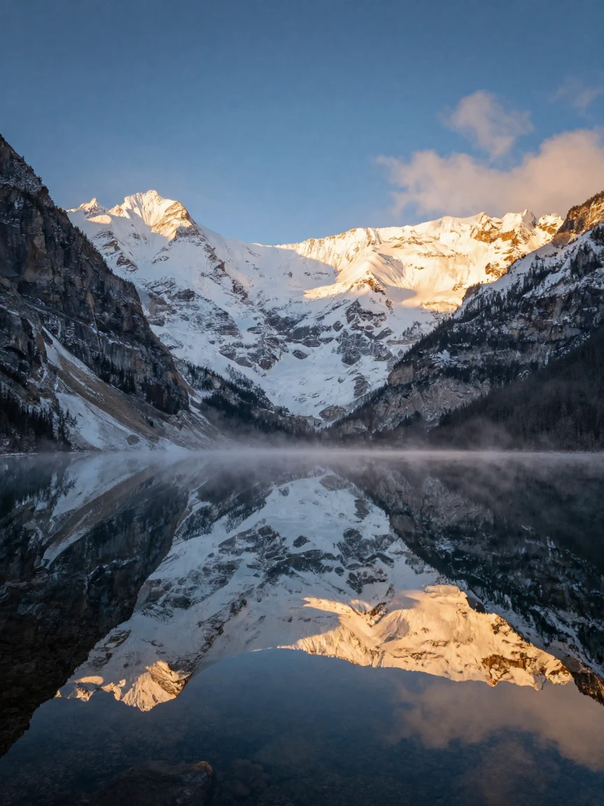 A crystal-clear alpine lake perfectly reflecting the surrounding snowy peaks