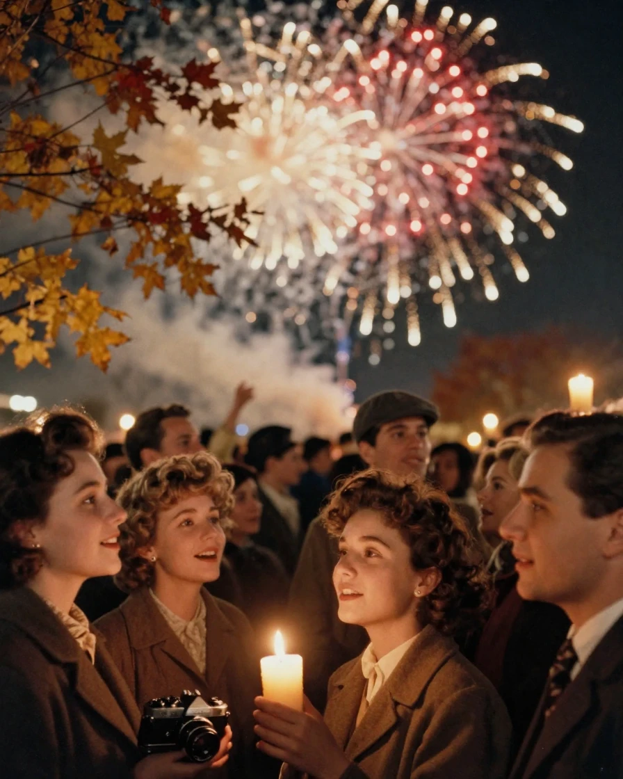 Fireworks bursting over a crowd gathered for a New Year celebration, under flickering candlelight, with a soft breeze stirring the air, as autumn leaves turn gold and red, in warm honey and cream tones, in a tight close-up.