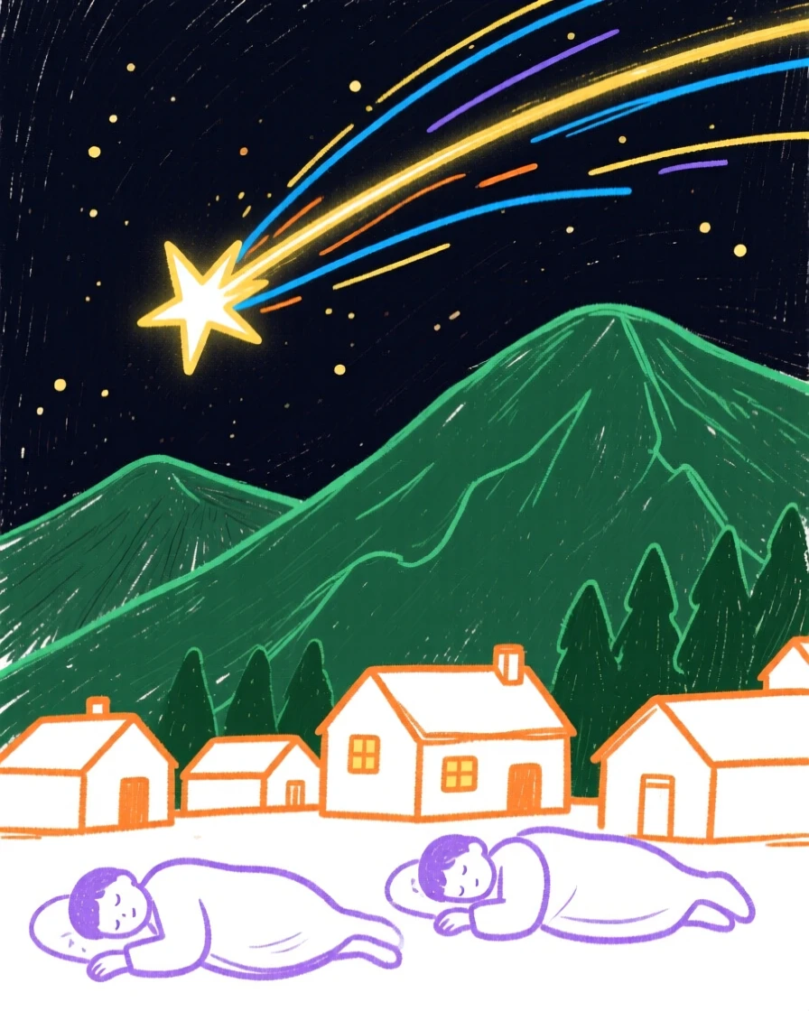 A shooting star streaking above a sleeping mountain village.