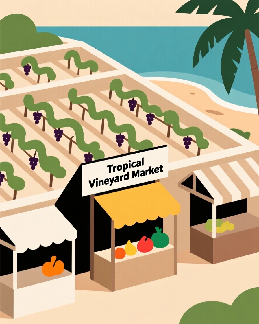A view of a vineyard terrace at a tropical archipelago, framed by a scattering of market stalls, capturing wanderlust.