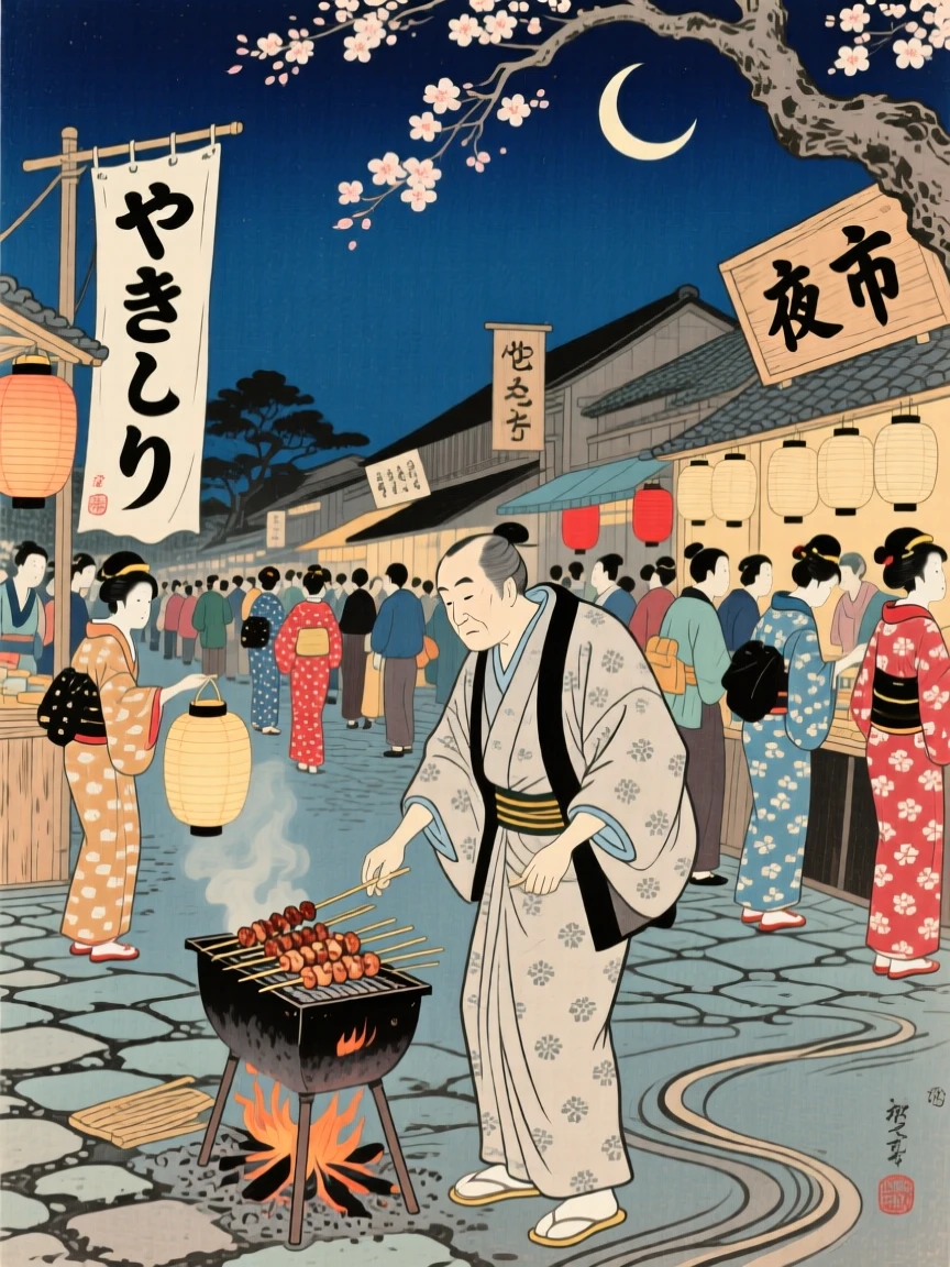 A street musician grilling skewers at a bustling night market.