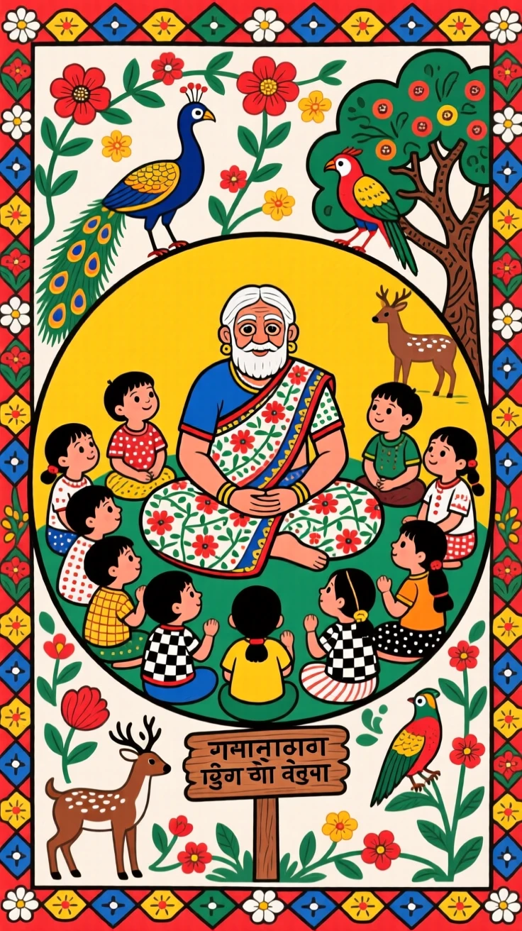 An elder teaching traditional songs to a circle of young children.