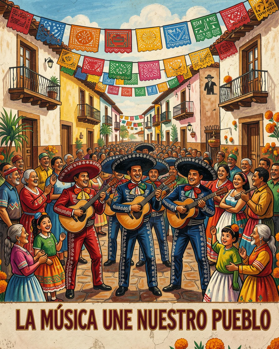 A mariachi band performing in a colorful town square